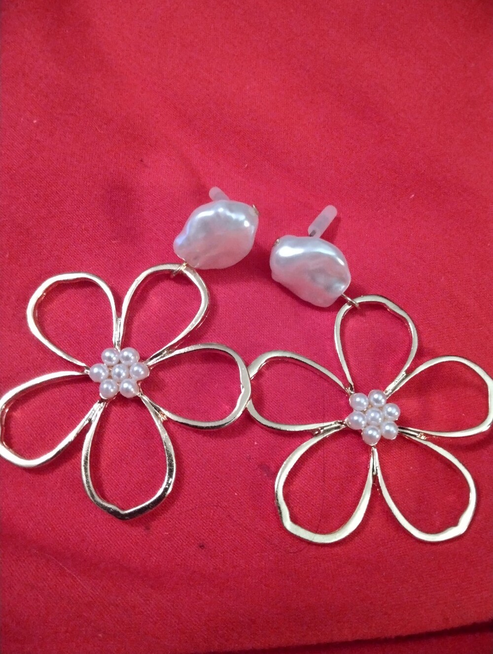 Gold Flower Drop Earrings with White Pearl Centers